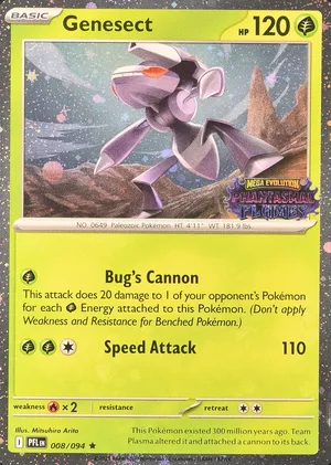 Genesect 008/094, Cosmos Holofoil "Phantasmal Flames" stamp, card art reference