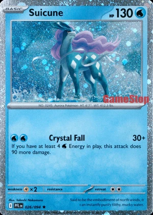 Suicune 026/094, Cosmos Holofoil "GameStop" stamp, card art reference