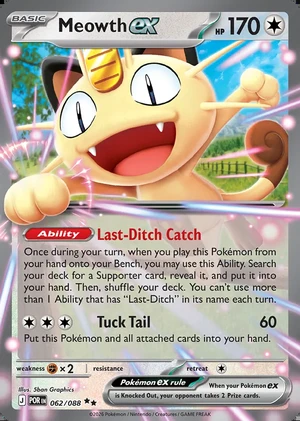 Meowth ex 062/088, Print with "Play! Pokémon" stamp, card art reference