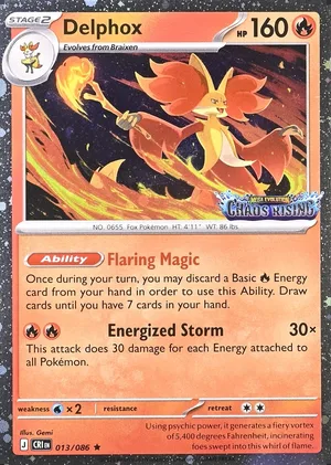 Delphox 013/086, Cosmos Holofoil "Chaos Rising" stamp, card art reference