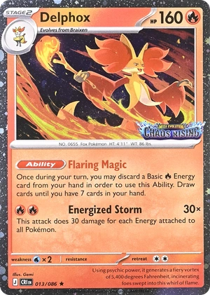 Delphox 013/086, Cosmos Holofoil "Chaos Rising" stamp, card art reference