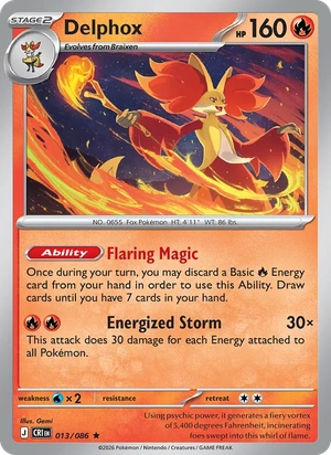 Delphox 013/086, Cosmos Holofoil "Chaos Rising" stamp, card art reference