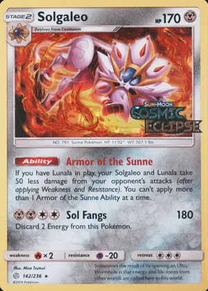 Solgaleo 142/236, Cosmos Holofoil "Cosmic Eclipse" stamp, card art reference