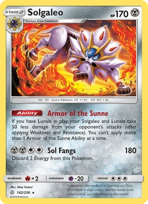 Solgaleo 142/236, Cosmos Holofoil "Cosmic Eclipse" stamp, card art reference