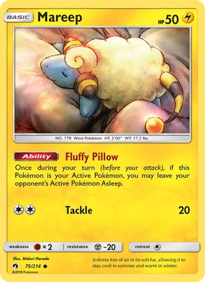 Mareep 075/214, Reverse Holofoil "Lost Thunder" stamp, card art reference