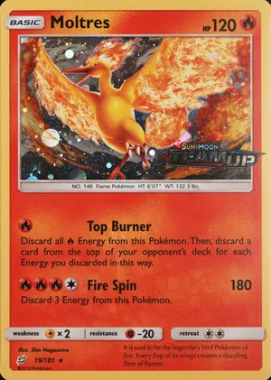 Moltres 019/181, Cosmos Holofoil "Team Up" stamp, card art reference