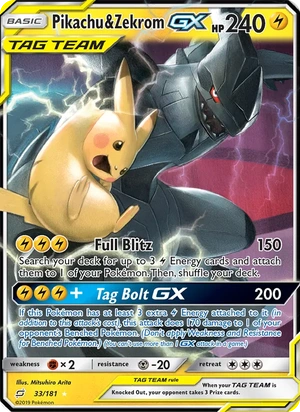 Pikachu & Zekrom-GX 033/181, Holofoil "Pokémon 30th Anniversary" stamp, card art reference