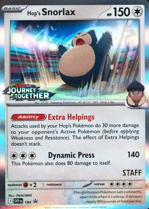 Hop's Snorlax 184, Journey Together Staff Prerelease print, image provided by the catalog owner