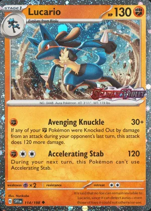 Lucario 114/198, Cosmos Holofoil "Scarlet & Violet" stamp, card art reference