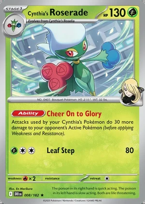 Cynthia's Roserade 008/182, Print with "Play! Pokémon" stamp, card art reference