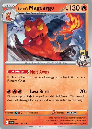 Ethan's Magcargo 036/182, Print with "Play! Pokémon" stamp, card art reference
