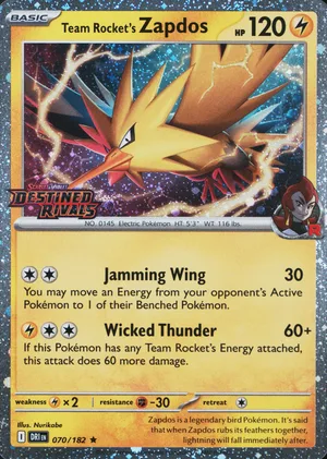 Team Rocket's Zapdos 070/182, Cosmos Holofoil "Destined Rivals" stamp, card art reference