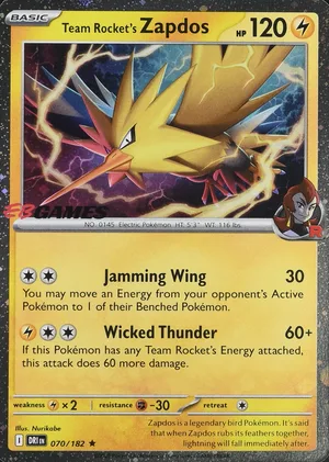 Team Rocket's Zapdos 070/182, Cosmos Holofoil "EB Games" stamp, card art reference