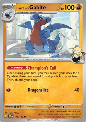 Cynthia's Gabite 103/182, Print with "Play! Pokémon" stamp, card art reference