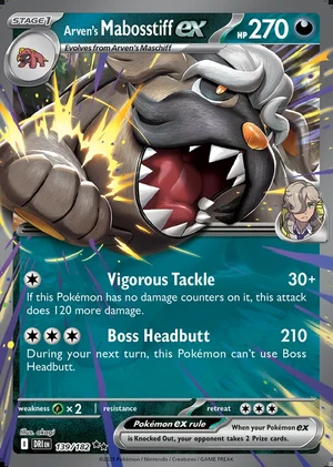 Arven's Mabosstiff 139/182, Print with "Play! Pokémon" stamp, card art reference