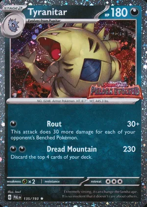 Tyranitar 135/193, Cosmos Holofoil "Paldea Evolved" stamp, card art reference