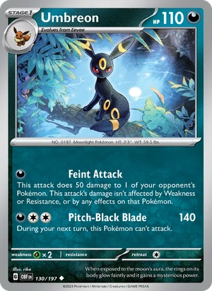 Umbreon 130/197, Pikachu jack-o'-lantern stamp print, card art reference