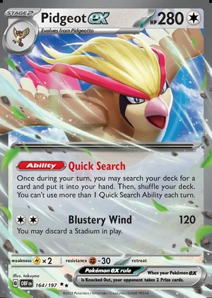 Pidgeot ex 164/197, Print with "Play! Pokémon" stamp, card art reference