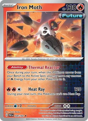 Iron Moth 028/182, Reverse Holofoil "Paradox Rift" stamp, card art reference