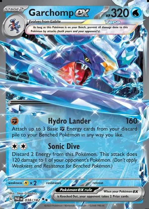 Garchomp ex 038/182, Print with "Play! Pokémon" stamp, card art reference