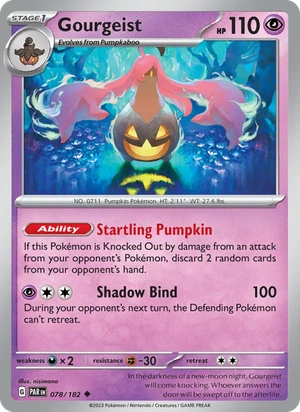 Gourgeist 078/182, Pikachu jack-o'-lantern stamp print, card art reference