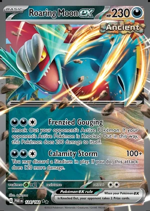 Roaring Moon ex 124/182, Print with "Play! Pokémon" stamp, card art reference