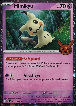 Mimikyu 037/091, Cosmos Holofoil Pikachu jack-o'-lantern stamp, card art reference