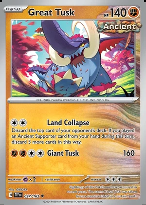 Great Tusk 097/162, Print with "Play! Pokémon" stamp, card art reference