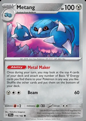 Metang 114/162, Print with "Play! Pokémon" stamp, card art reference