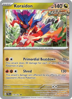 Koraidon 119/162, Cosmos Holofoil "Temporal Forces" stamp, card art reference