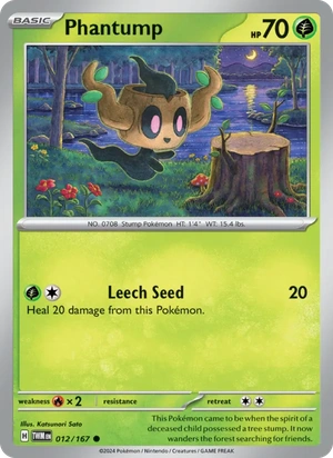 Phantump 012/167, Pikachu jack-o'-lantern stamp print, card art reference
