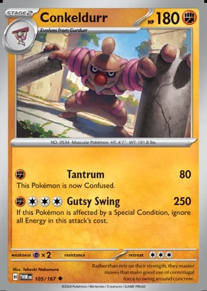 Conkeldurr 105/167, Print with "Play! Pokémon" stamp, card art reference