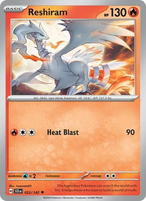 Reshiram 022/142, Cosmos Holofoil "Stellar Crown" stamp, card art reference