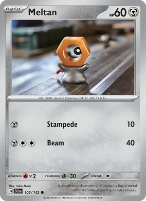 Meltan 102/142, Cosmos Holofoil "Stellar Crown" stamp, card art reference
