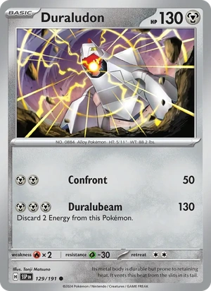 Duraludon 129/191, Stamped "Surging Sparks" print, card art reference