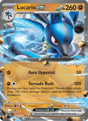 Lucario ex 051/131, Stamped "Prismatic Evolutions" print, card art reference