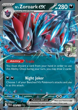 N's Zoroark 098/159, Print with "Play! Pokémon" stamp, card art reference