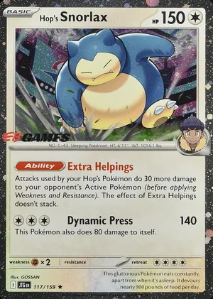 Hop's Snorlax 117/159, Cosmos Holofoil "EB Games" stamp, card art reference