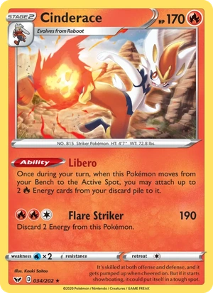 Cinderace 034/202, Cosmos Holofoil, card art reference