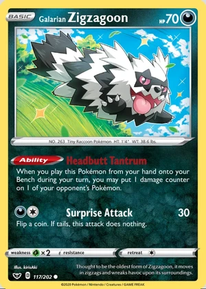 Galarian Zigzagoon 117/202, Print with "Play! Pokémon" stamp, card art reference