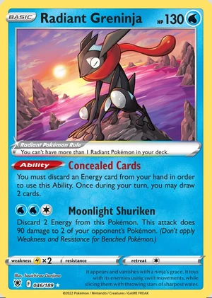 Radiant Greninja 046/189, Print with "Play! Pokémon" stamp, card art reference
