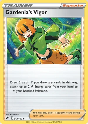 Gardenia's Vigor 143/189, Print with "Play! Pokémon" stamp, card art reference