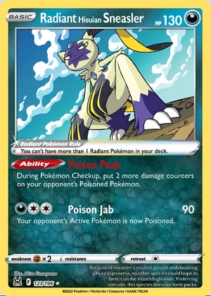 Radiant Hisuian Sneasler 123/196, Print with "Play! Pokémon" stamp, card art reference