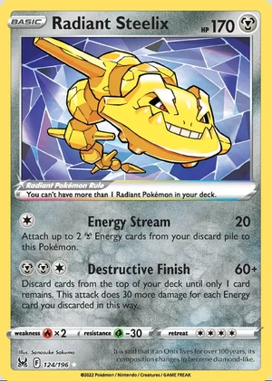 Radiant Steelix 124/196, Print with "Play! Pokémon" stamp, card art reference