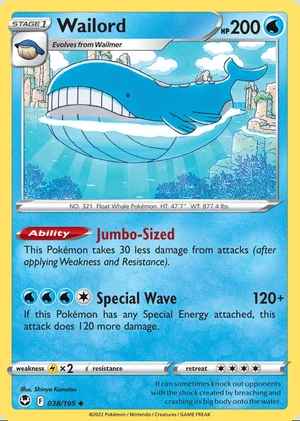 Wailord 038/195, Print with "Play! Pokémon" stamp, card art reference