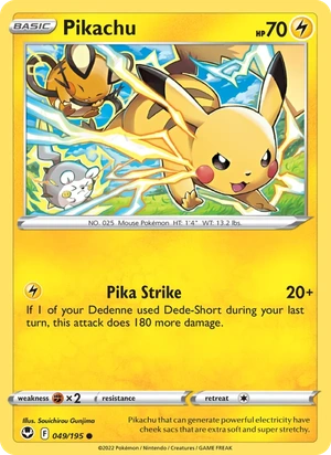 Pikachu 049/195, Cosmos Holofoil silver snowflake stamp, card art reference