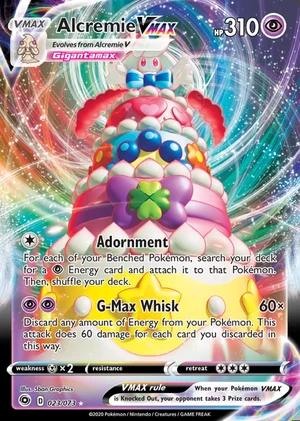 Alcremie VMAX 023/073, Print with "Play! Pokémon" stamp, card art reference