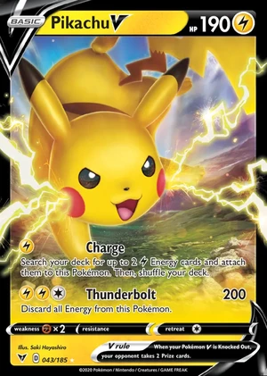 Pikachu 043/185, Print with "Play! Pokémon" stamp, card art reference