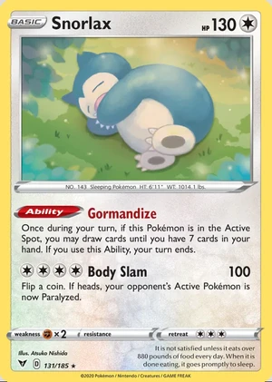 Snorlax 131/185, Print with "Play! Pokémon" stamp, card art reference
