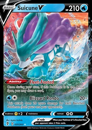 Suicune 031/203, Print with "Play! Pokémon" stamp, card art reference